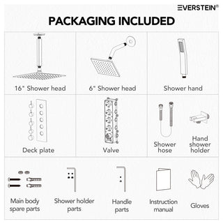 Dual Heads Shower System 16" Rain Shower Head with 4 Way Thermostatic Faucet, Brushed Gold