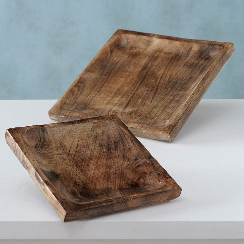 2 Piece Square Wood Plate Set, 13.75 Inches