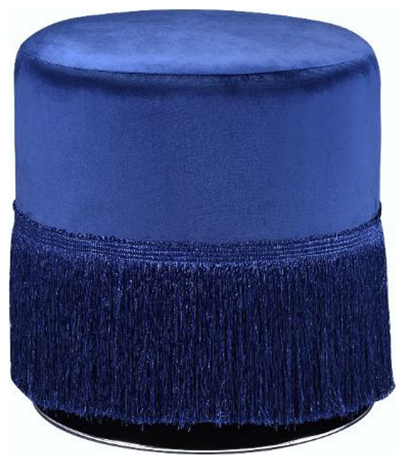 Round Ottoman With Fringe Base, Midnight Blue