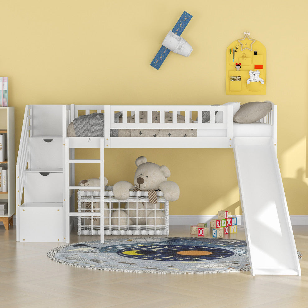 Gewnee Wood Twin Loft Bed with Storage Stairway and Slide in White