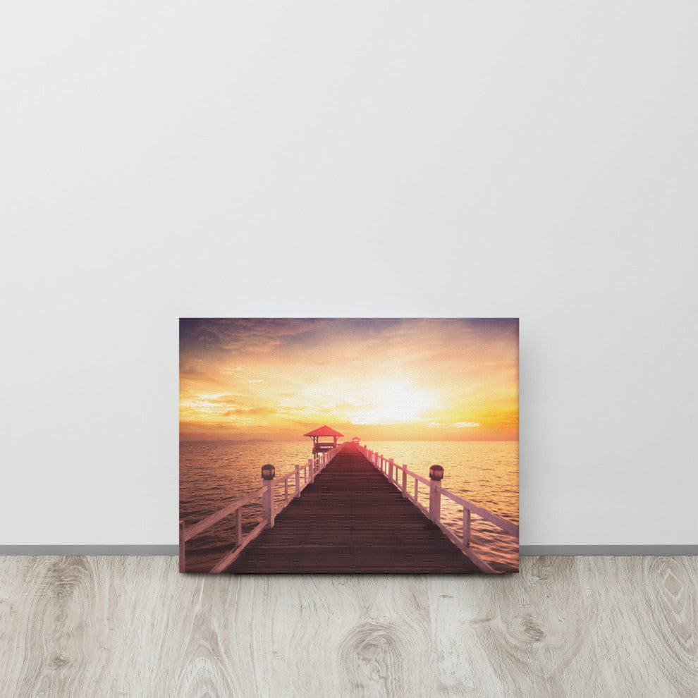 Surreal Wooden Pier at Sunset Landscape Photo Canvas Wall Art Prints, 12" X 16"