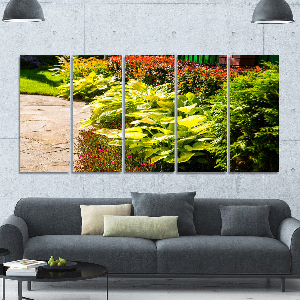 Modern Green Garden Design, Landscape Canvas Art Print, 60"x28", 5 Panels
