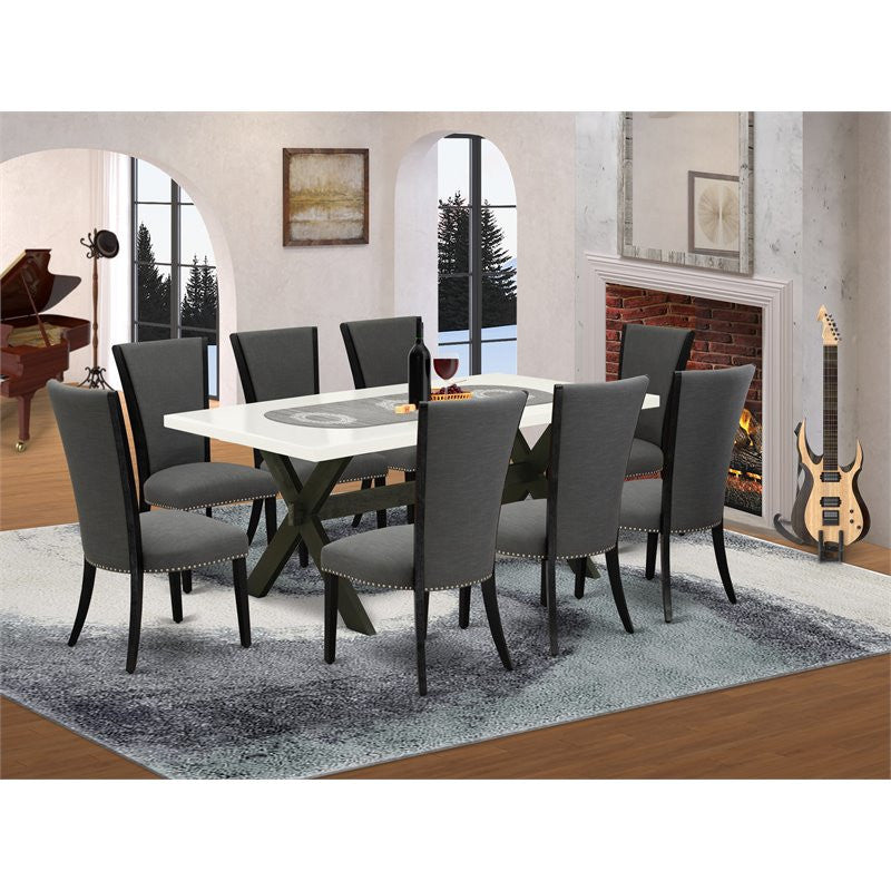 9-Piece Dining Set, Table and 8 Chairs With Dark Gotham Gray, Linen Fabric
