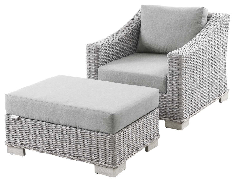 Side Chair Armchair and Ottoman, Rattan, Wicker, Gray, Modern, Outdoor