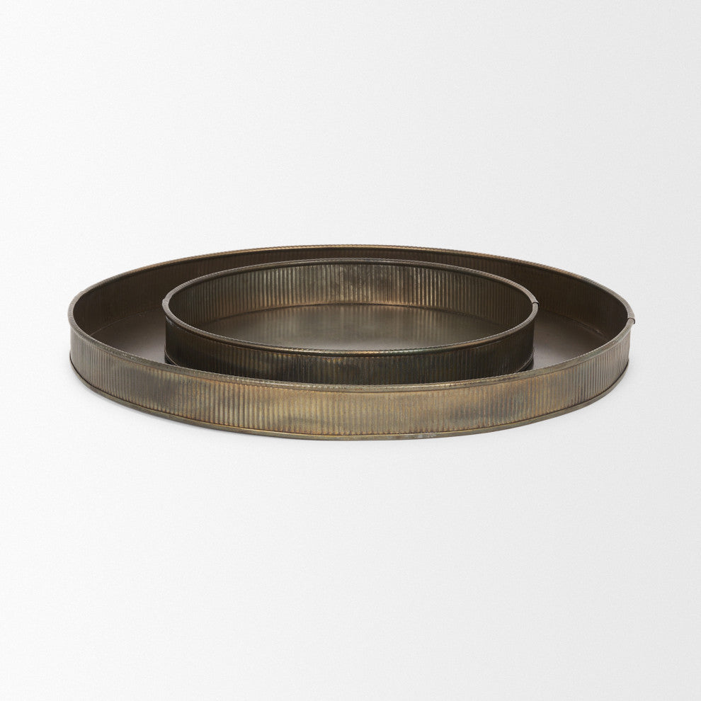 Varun Round Antiqued Brass Metal Tray, 2-Piece Set