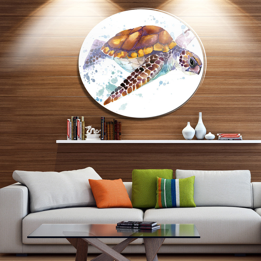 Brown Sea Turtle Watercolor, Animal Art Large Disc Metal Wall Art, 23"
