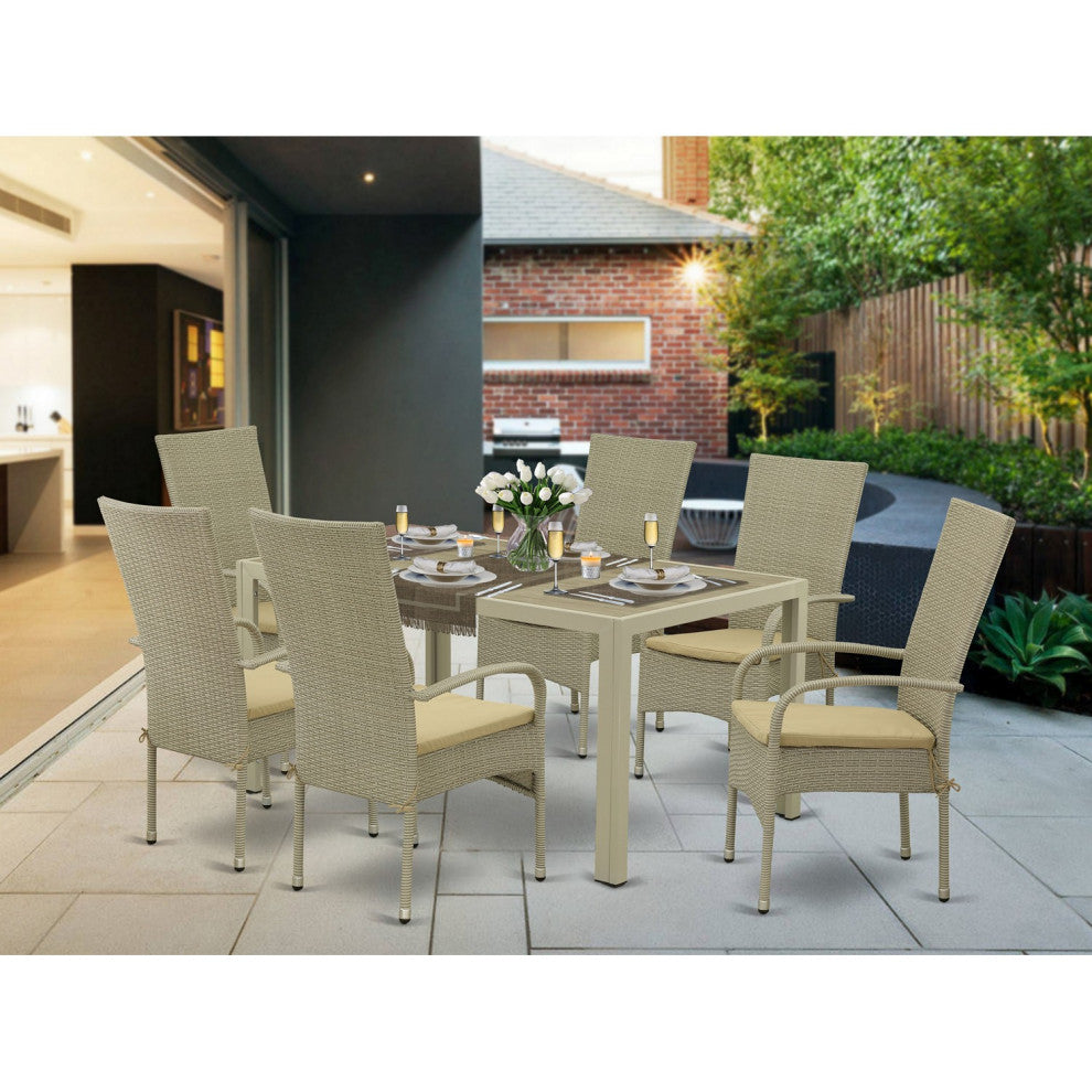 7Pc Outdoor- Natural Color Wicker Dining Set, Patio Table, 6 Armchair