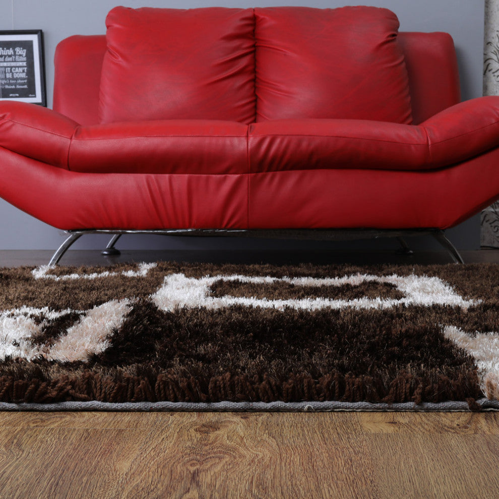 Hand Tufted Shag Polyester Area Rug Geometric Brown Beige, [Rectangle] 9'x12'