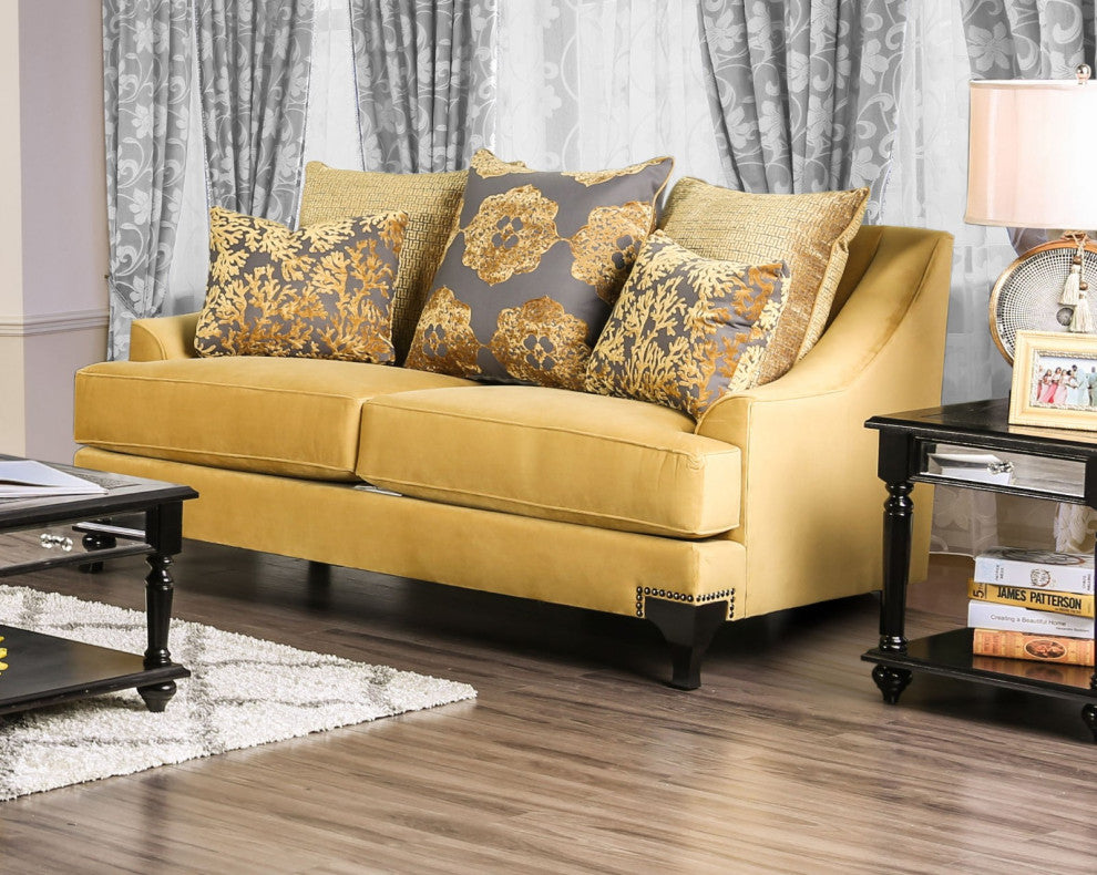 Velvet-like Fabric Love Seat with Sloped Arms Design, Gold