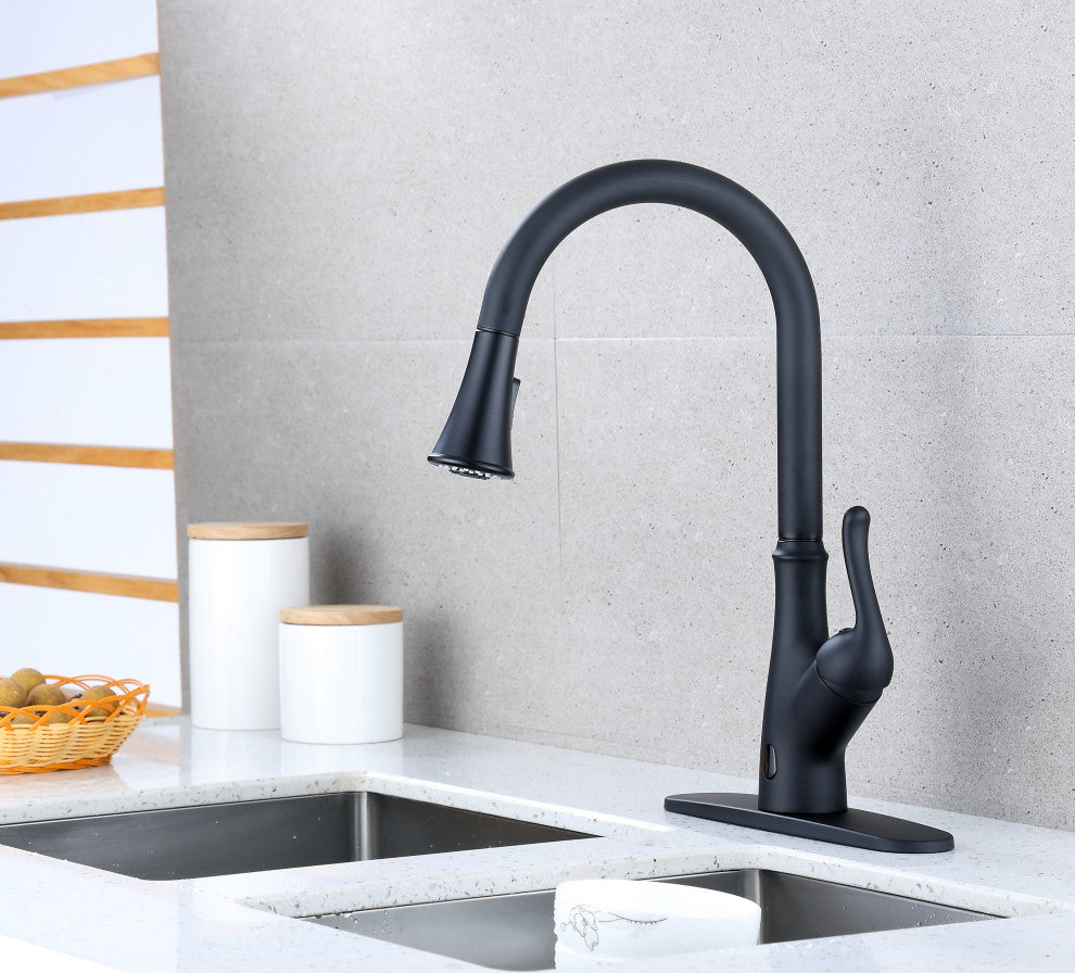 Runfine Hands Free Single-Handle Pull down Sprayer Kitchen Faucet, Matte Black