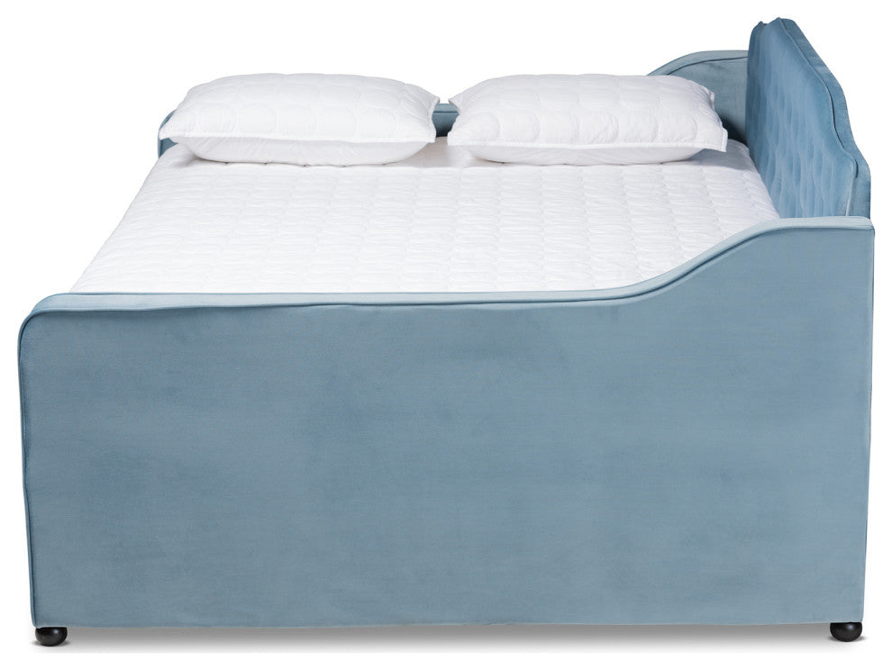 Hadgeon Light Blue Velvet Queen Daybed With Trundle