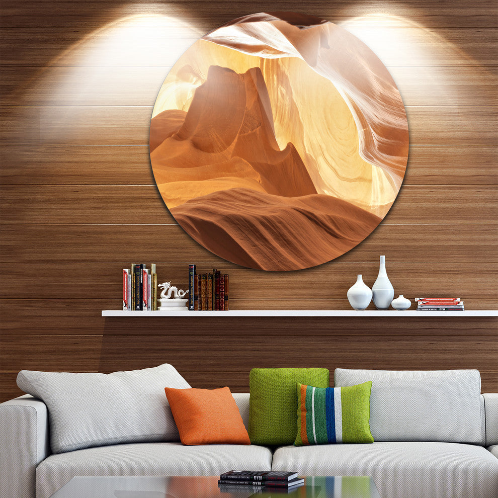Antelope Canyon With Light Rays, Landscape Photo Disc Metal Art, 38"