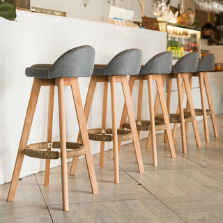 Retro-Styled Rotating High Bar Stool Made of Solid Wood, Beige, Linen