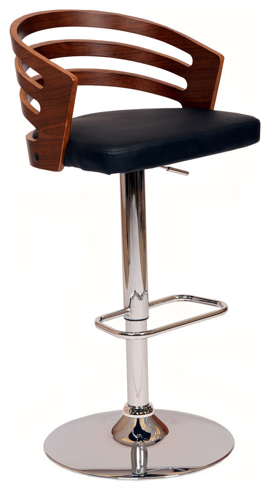 Suljic Swivel Barstool, Black PU/Walnut Veneer and Chrome Base