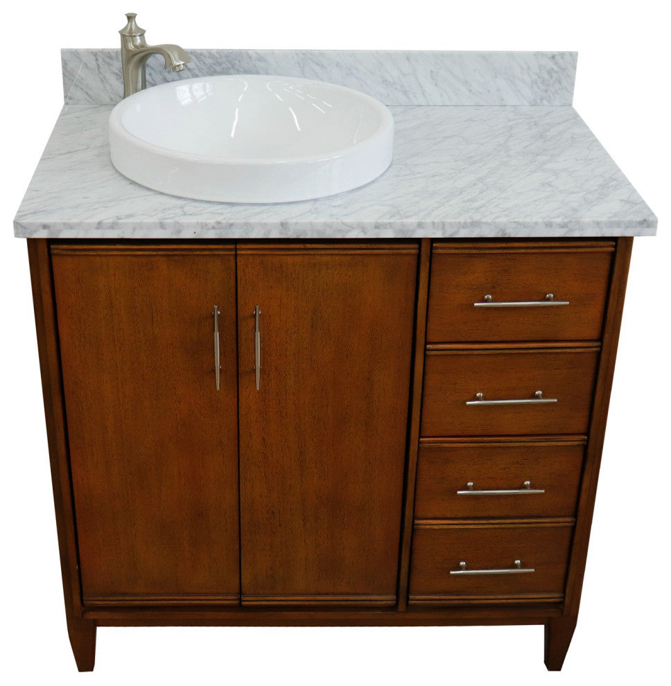 37" Single Vanity, Walnut Finish With White Carrara