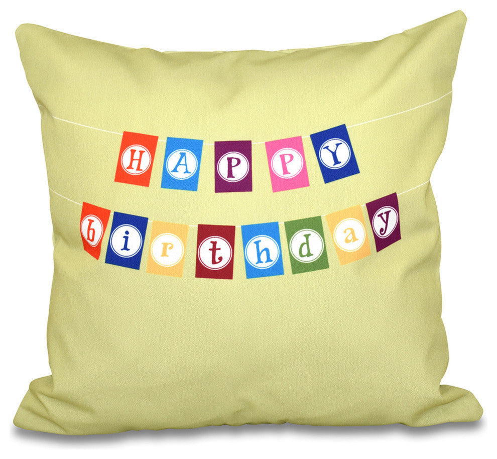26"x26" Happy Birthday, Word Print Pillow, Green
