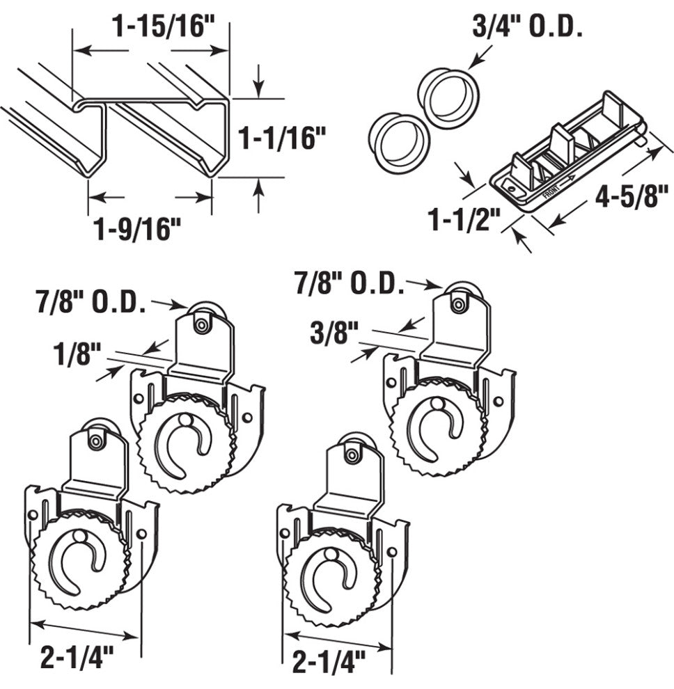 By-Pass Closet Track Kit, 96in, 2-Door, Brass-Plated Pulls, Adjustable, 1 Kit