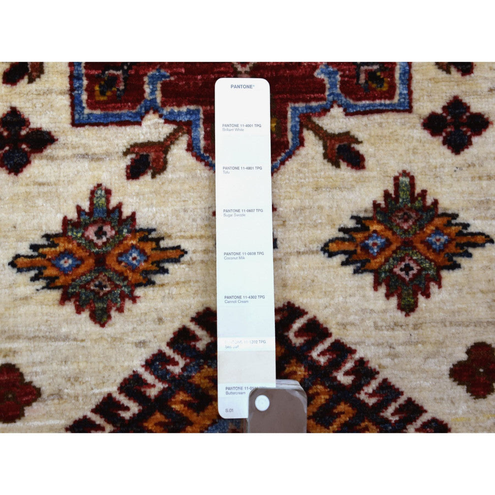 Ivory Afghan Super Kazak Hand Knotted Pure Wool Runner Rug, 2'8" x 9'4"