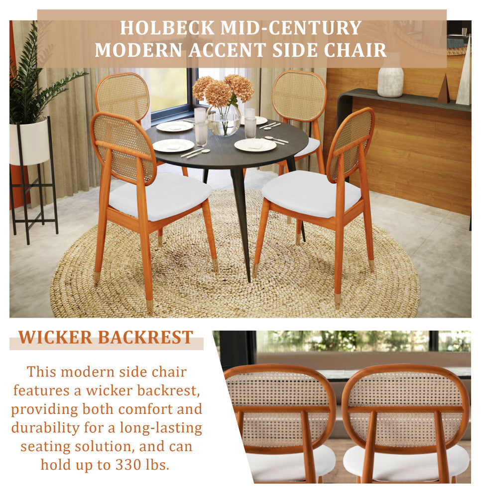 LeisureMod Holbeck Modern Dining Chair with Wood Legs and Wicker Back, White
