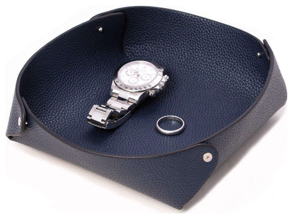 Navy Leather Catchall Valet Tray, Lay Flat Design