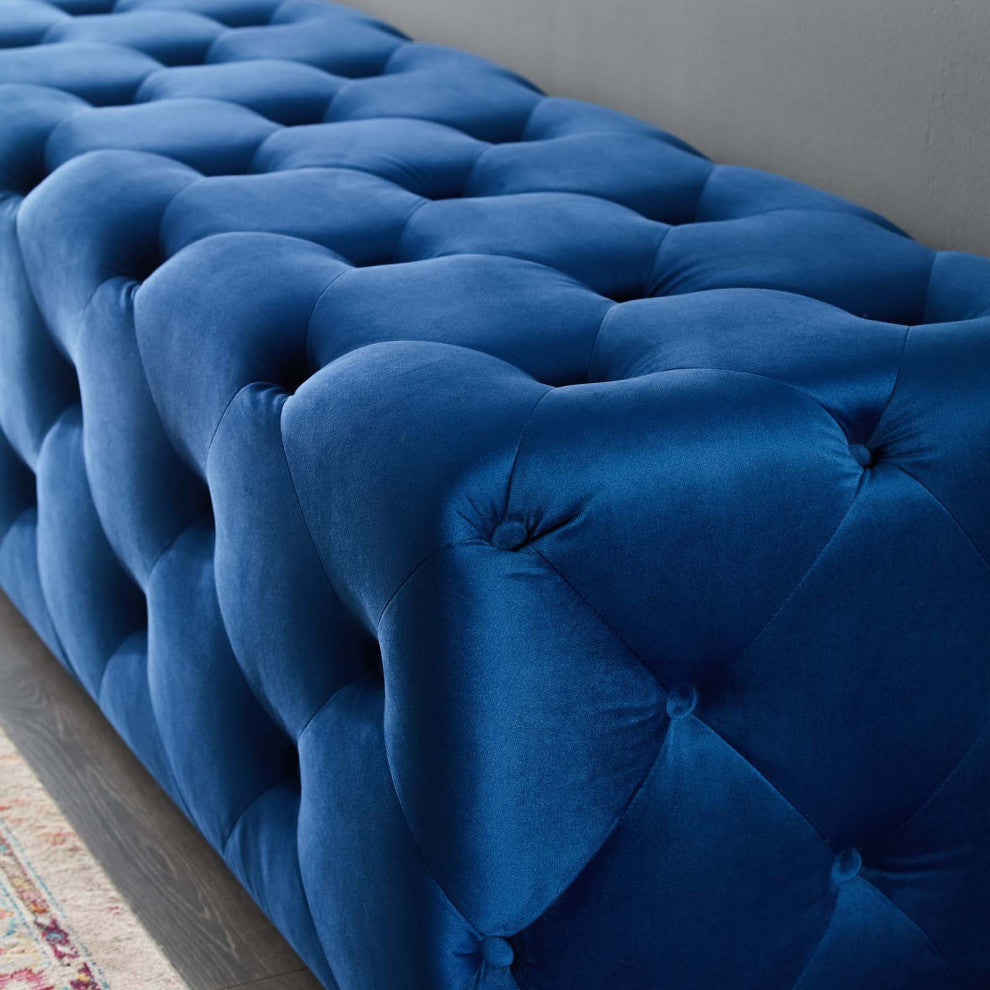 Tufted Accent Chair Bench, Velvet, Blue Navy, Modern, Living Lounge Hospitality
