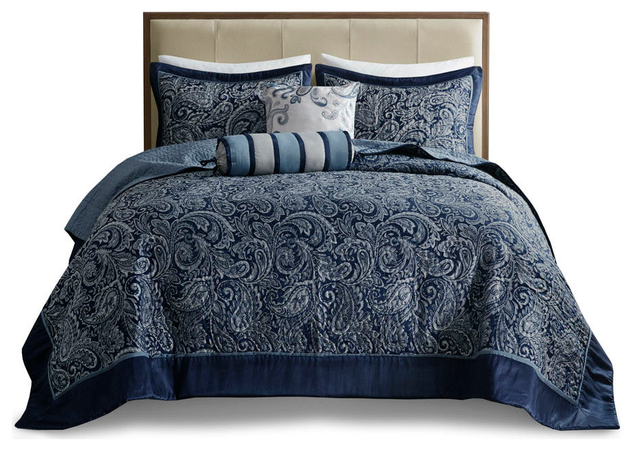 Madison Park Aubrey 5 Piece Reversible Jacquard Bedspread Set, Navy