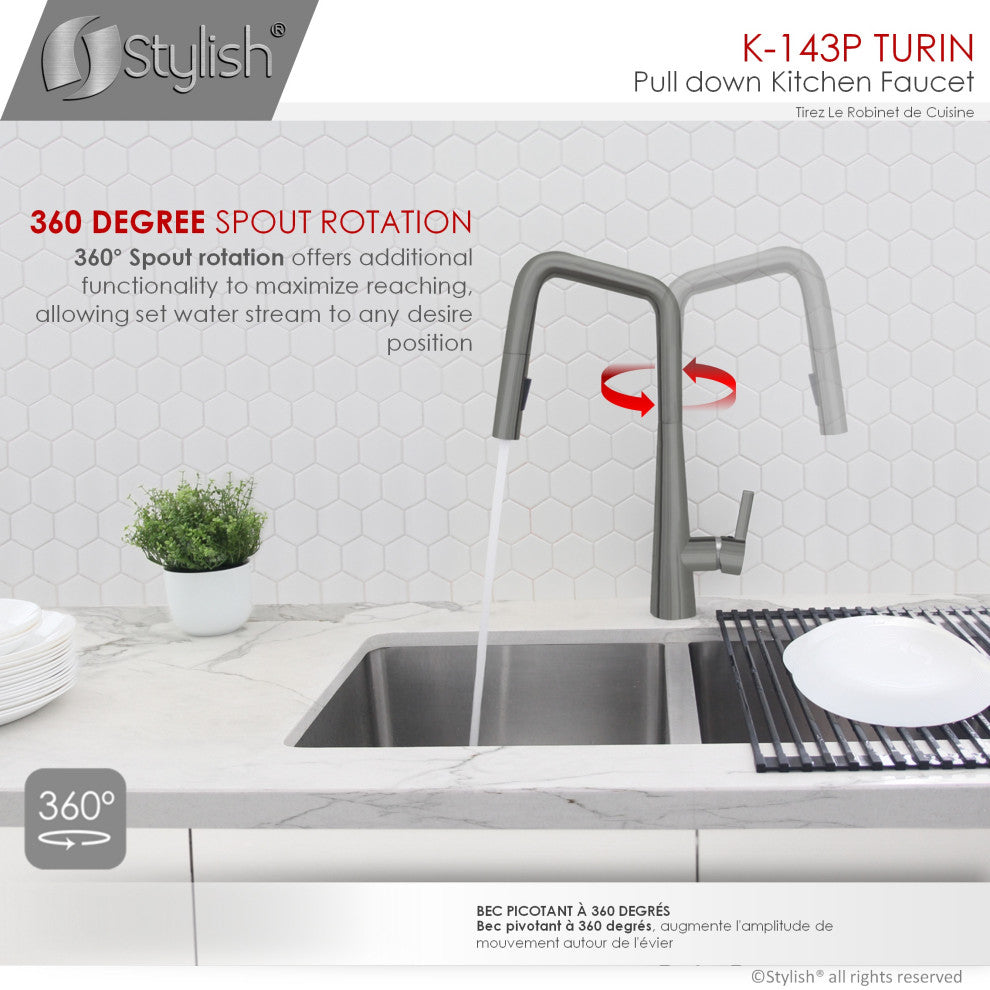 STYLISH Modern Single Handle  Pull Down Sprayer Kitchen Faucet in Gunmetal