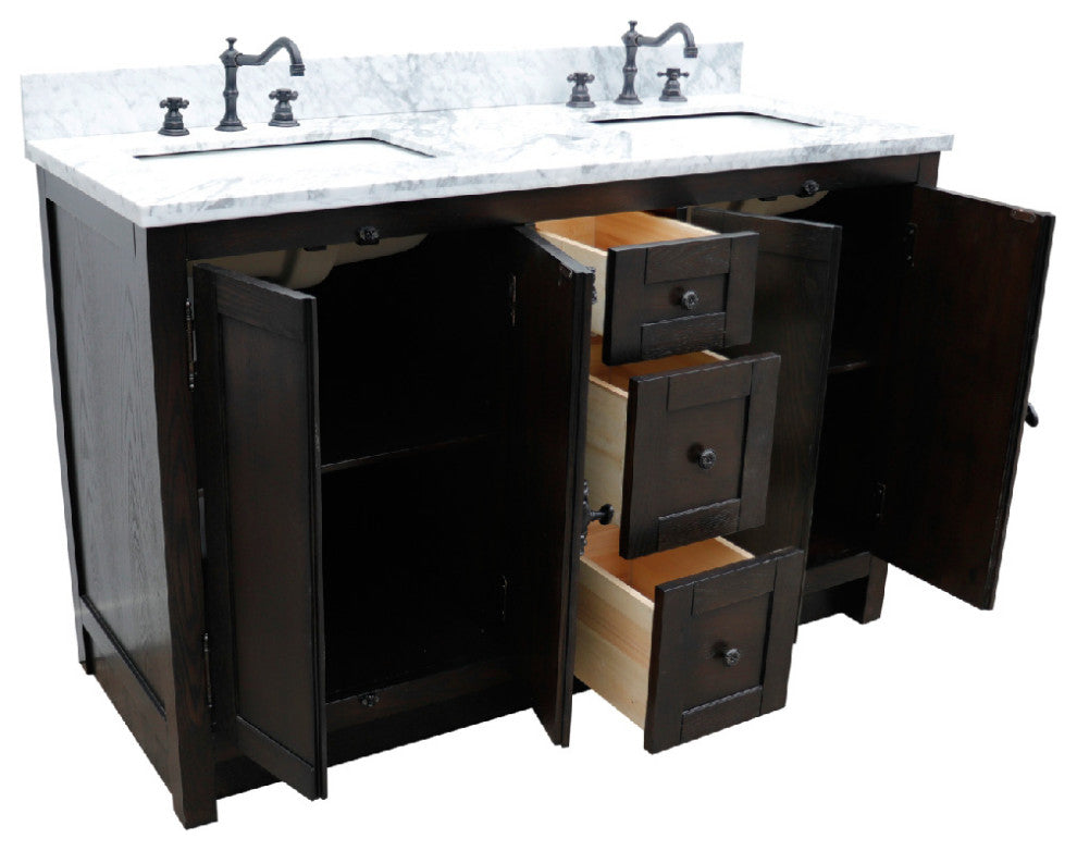 55" Double Vanity, Brown Ash With White Carrara Top, Mirrors and Rectangle Sinks