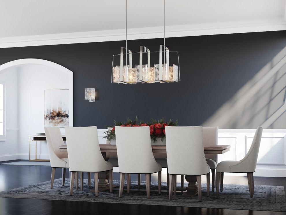 Arc Linear Pendant, Sterling Finish, White Swirl Glass