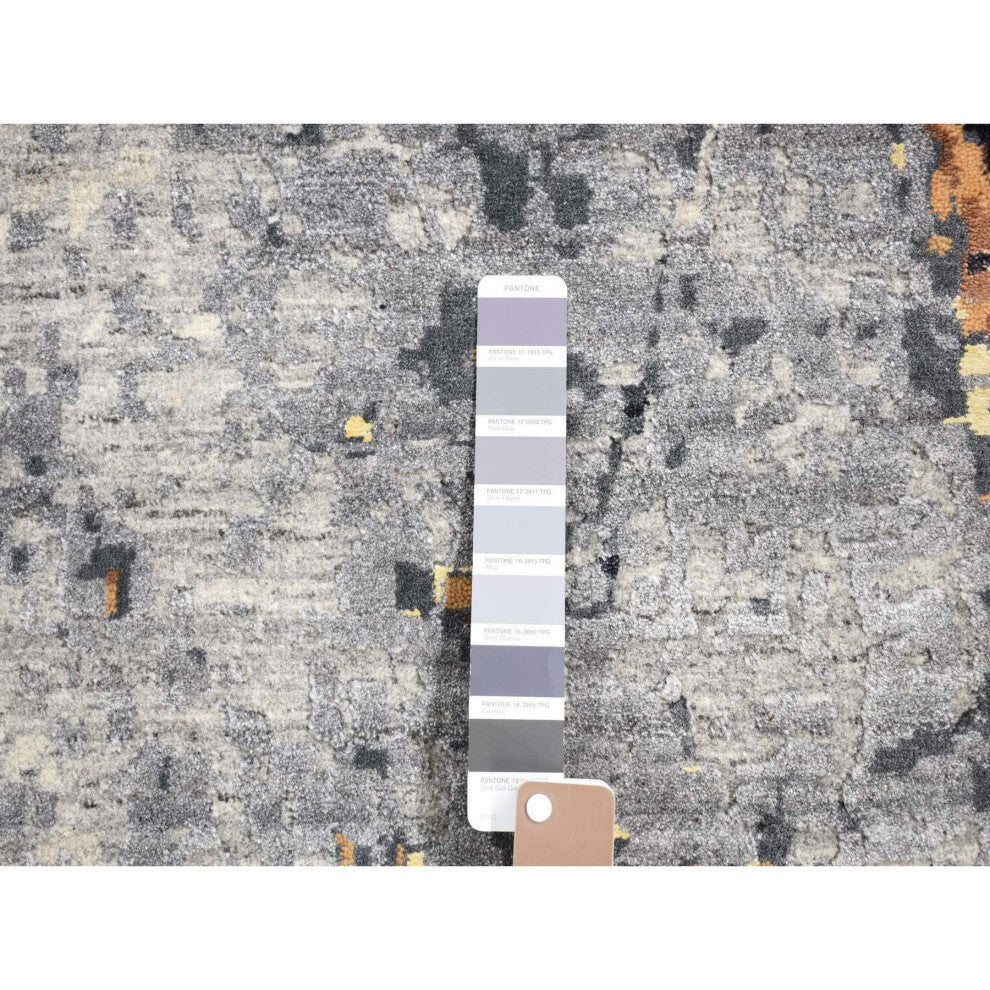 Sea Blue With Brown Fossil Design Wool and Silk Hand Knotted Rug, 10'x14'