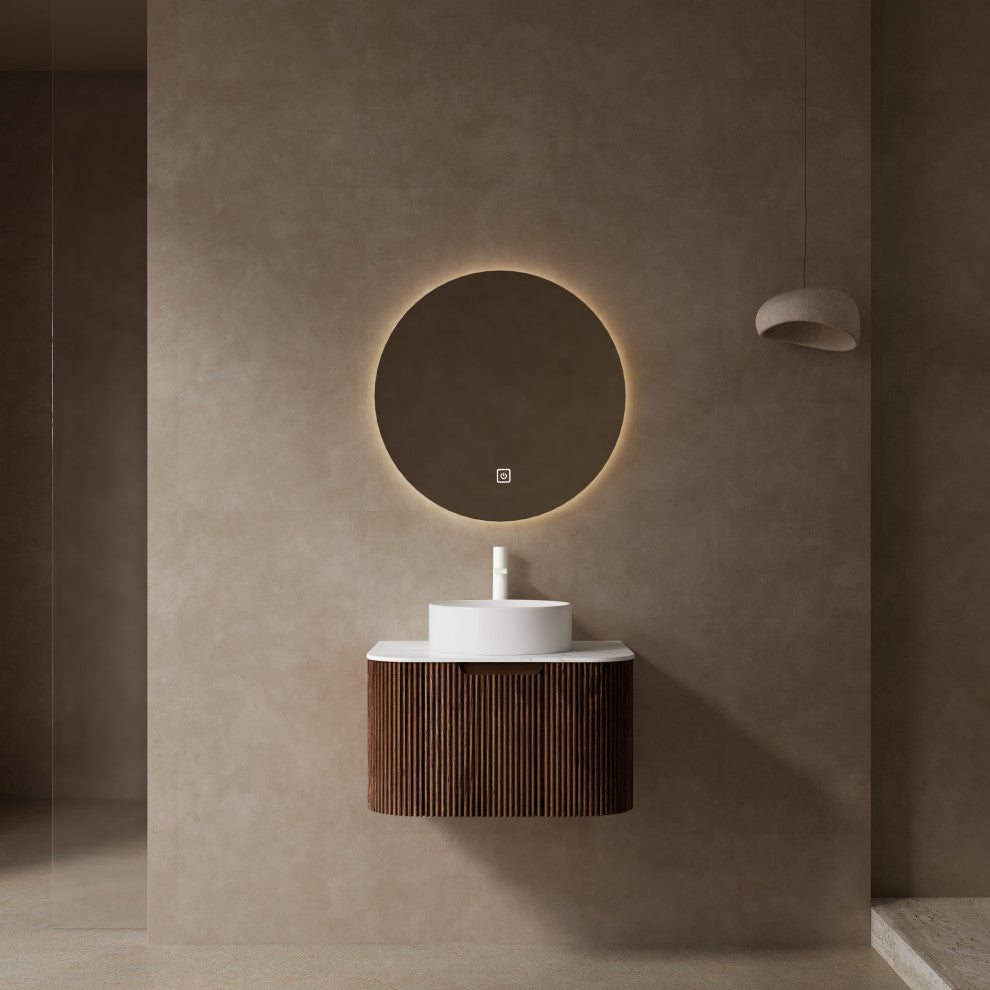 Wall-Mounted Bathroom Vanity With White Round Ceramic Basin, Walnut, 24"