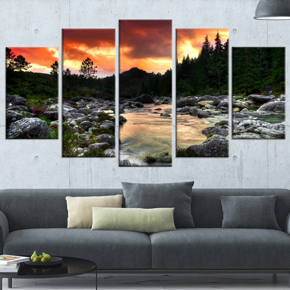 "Rocky Mountain River At Sunset" Wall Art Landscape, 5 Panels, 60"x32"