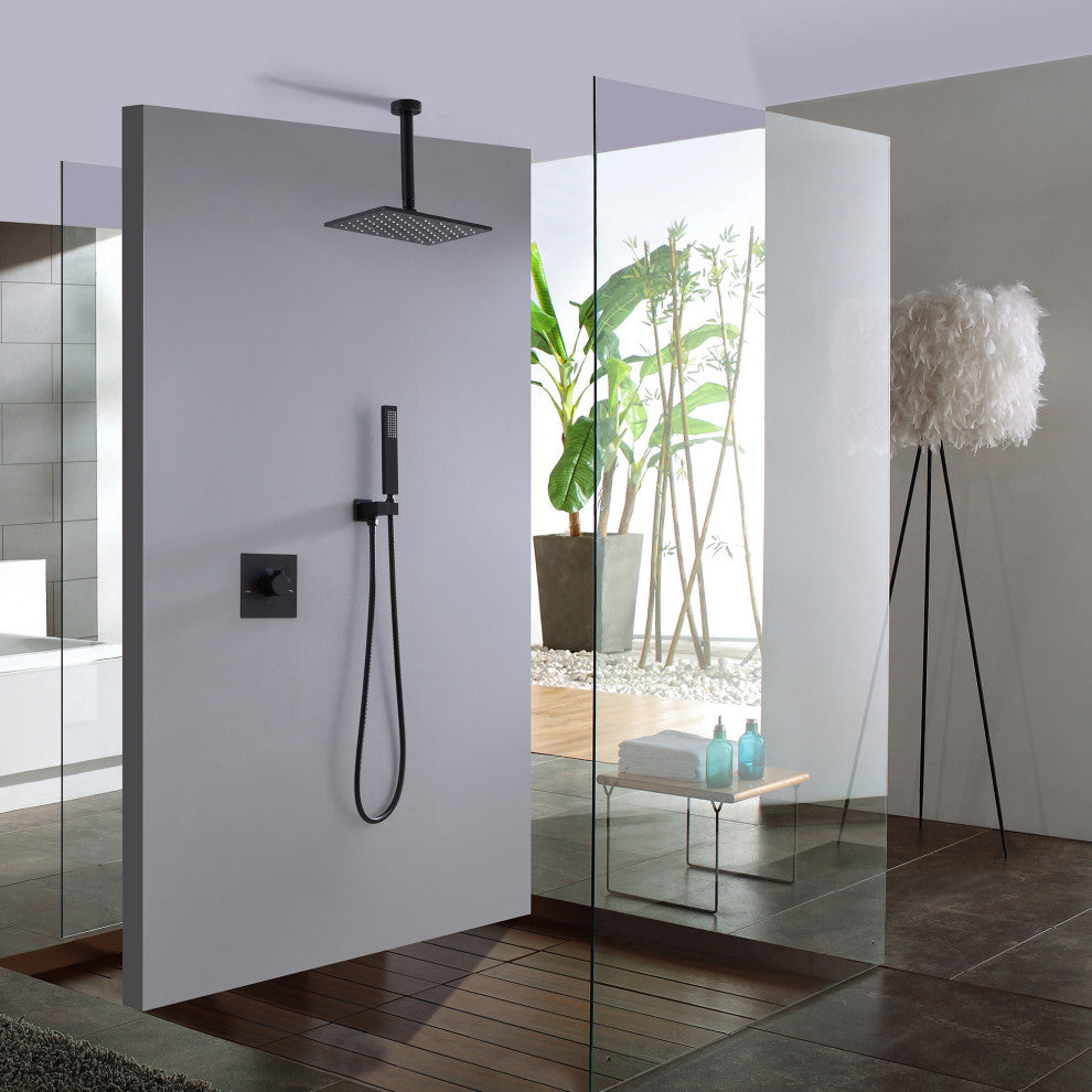 Ceiling Mounted Rain Shower System with Hand Shower-Includes Rough-in Valve, Matte Black