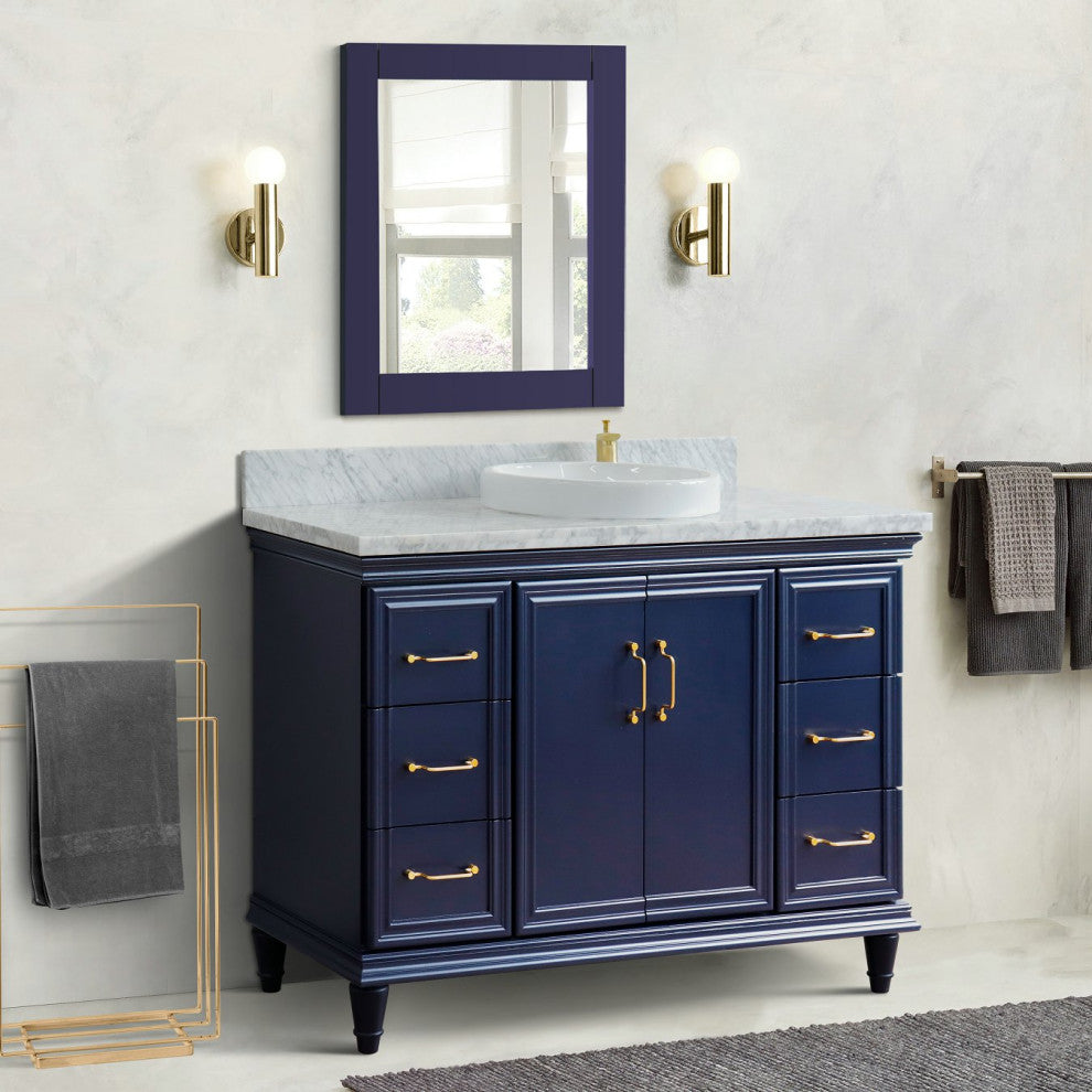 49" Single Sink Vanity, Blue Finish With White Carrara Marble and Round Sink