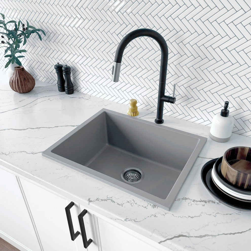 STYLISH 22"Dual Mount Single Bowl Gray Granite Kitchen Sink