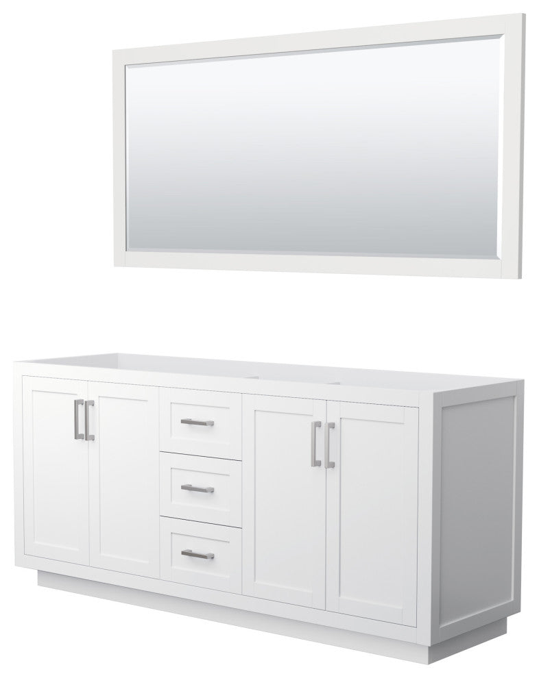 72" Double Bathroom Vanity, White, No Countertop, Nickel Trim, 70" Mirror