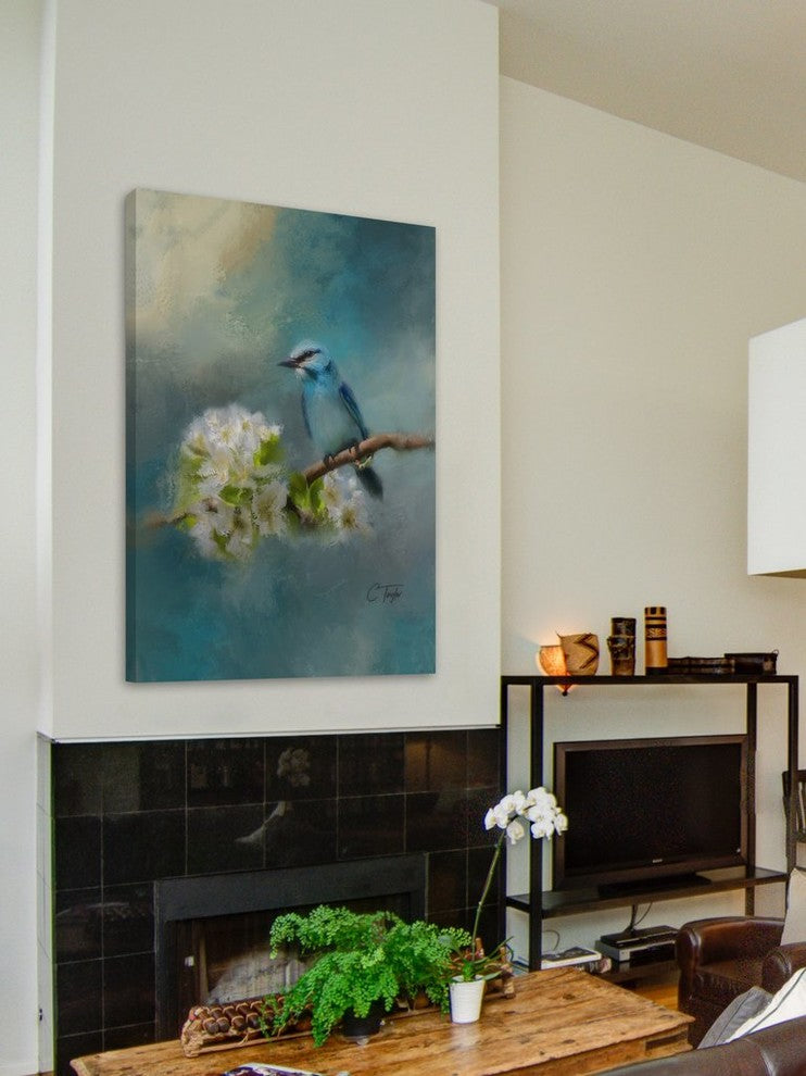 "Blue Song Bird" Painting Print on Wrapped Canvas, 12"x18"