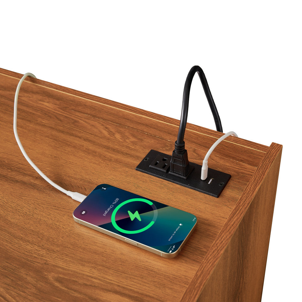 GDF Studio 4-Drawer Storage TV Stand, LED Lighting & Charging Ports, Espresso