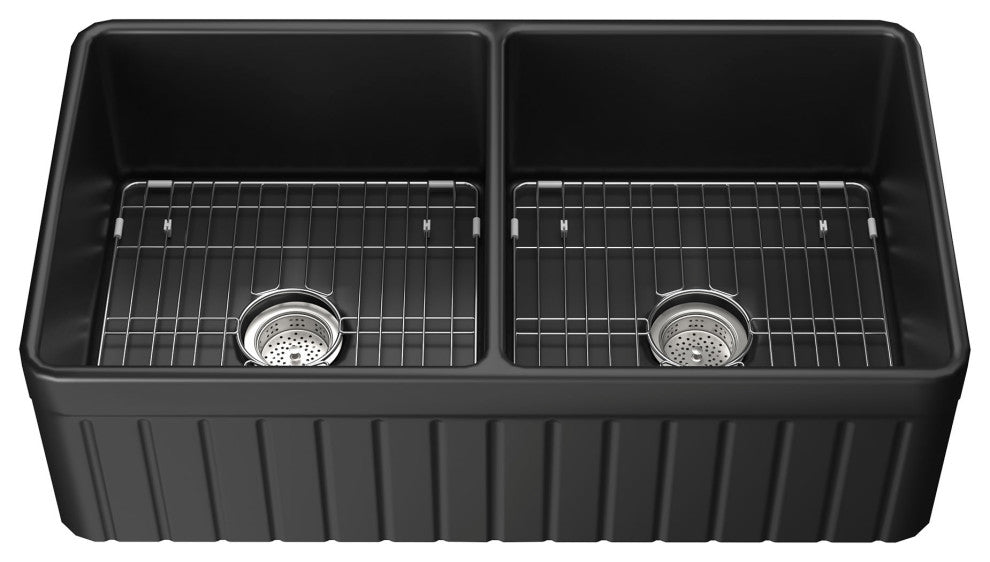 Black Fireclay 33 Inch Double Bowl Farmhouse Apron Front Kitchen Sink