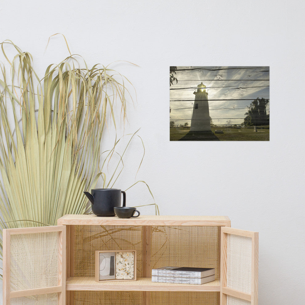 Faux Rustic Reclaimed Wood Turkey Point Lighthouse Unframed Wall Art Prints, 18" X 24"