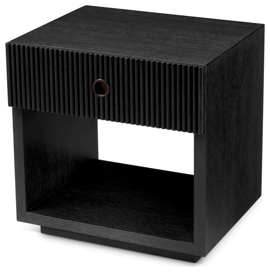 Ribbed Wood 1-Drawer Nightstand, Eichholtz Dimitrios, Black