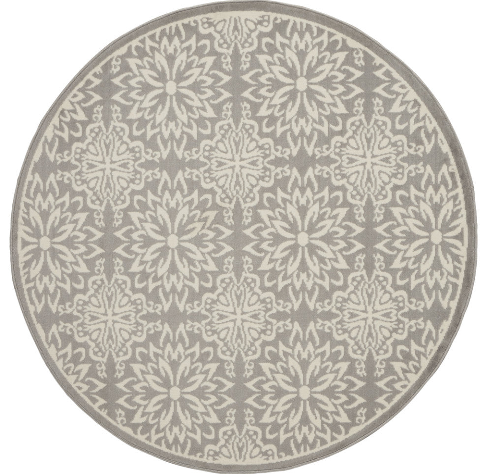 8' Gray Round Floral Power Loom Area Rug