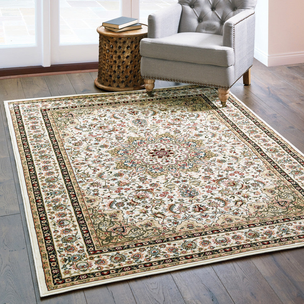 Karaman Traditional Medallion Ivory/ Beige Area Rug, 9'10"x12'10"