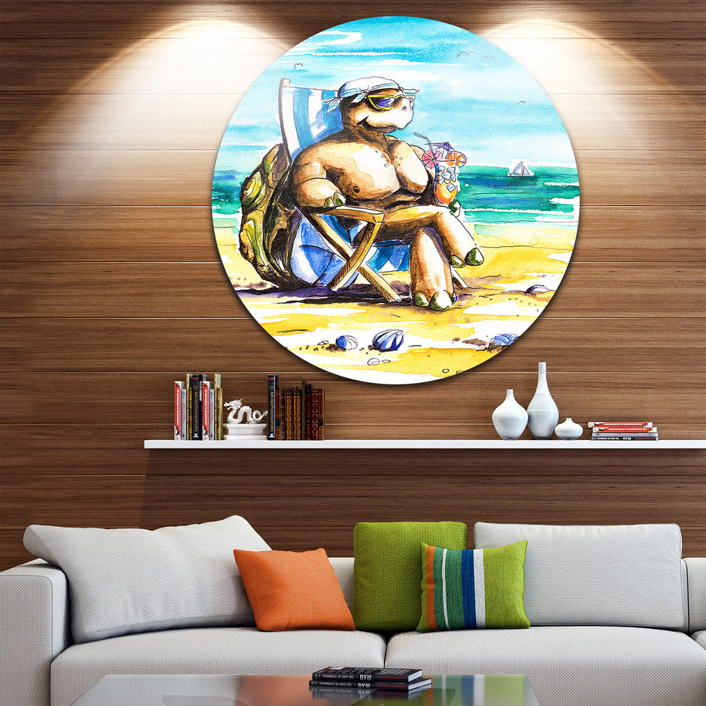 Turtle Enjoying Holidays On Beach, Seashore Round Wall Art, 11"