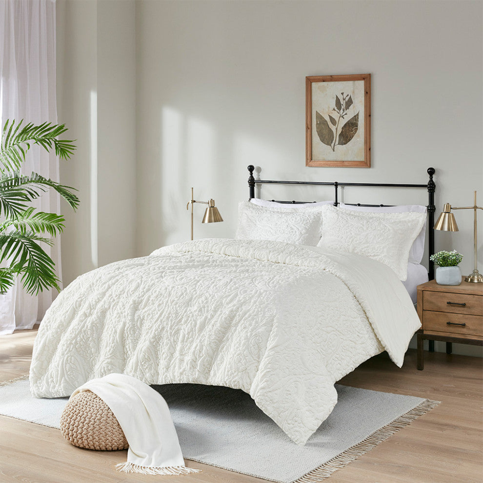Madison Park Norfolk Embroidered Floral Plush Fur Comforter Mini Set, Ivory