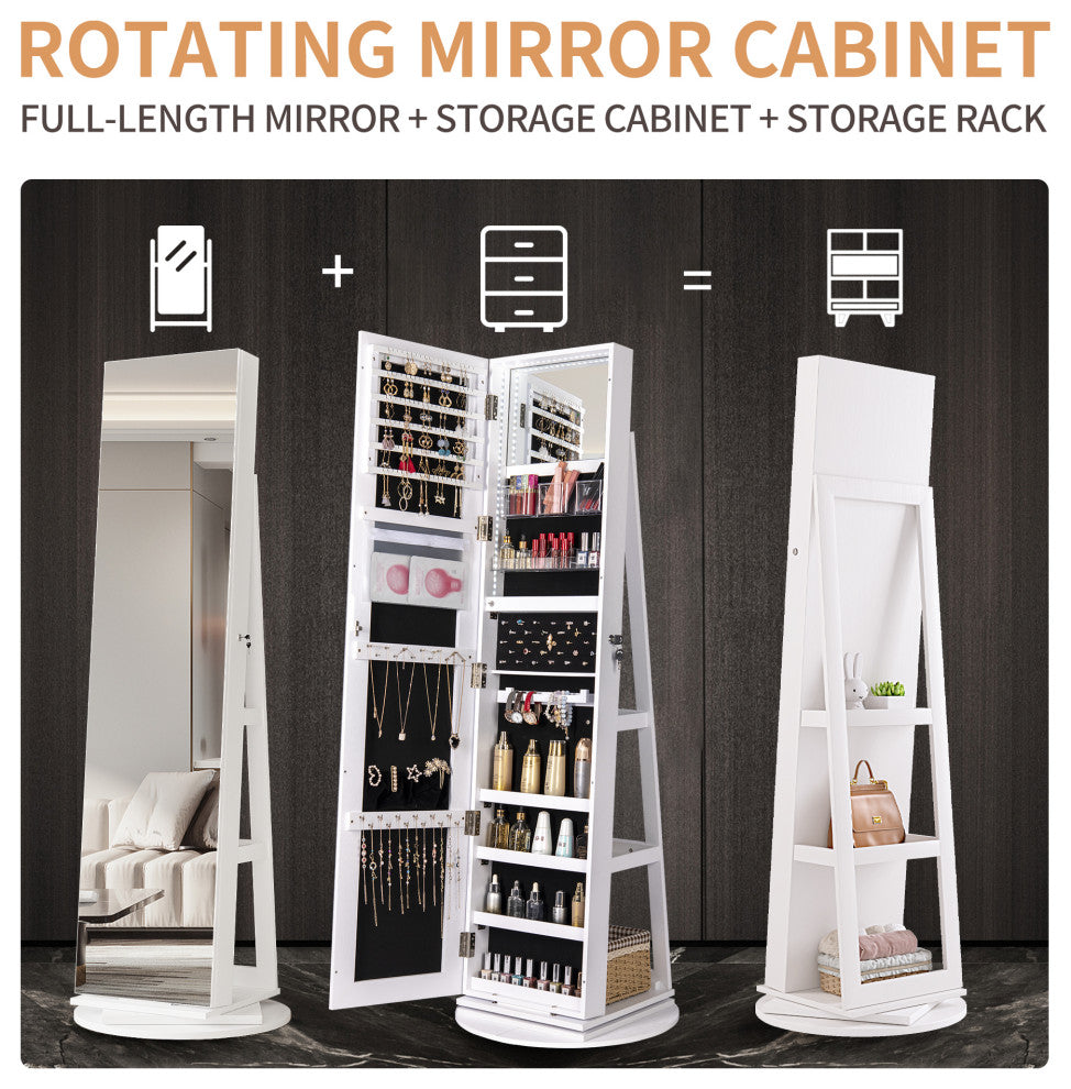 Lockable Swivel Mirrored Jewelry Cabinet Storage w/Stand & Dimmable LED Lights, White