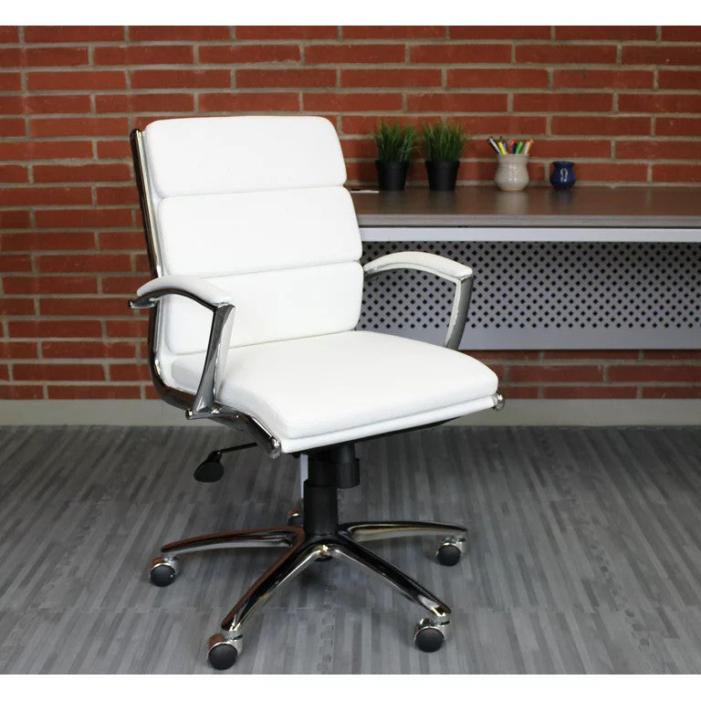 Office Chair, Chrome Metal Base With Adjustable Height & Padded Arms, White