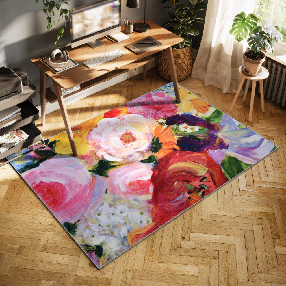 Yellow and Violet I Hand Washable Flowers Power-loomed Art Area Rug, 5'x7.5'