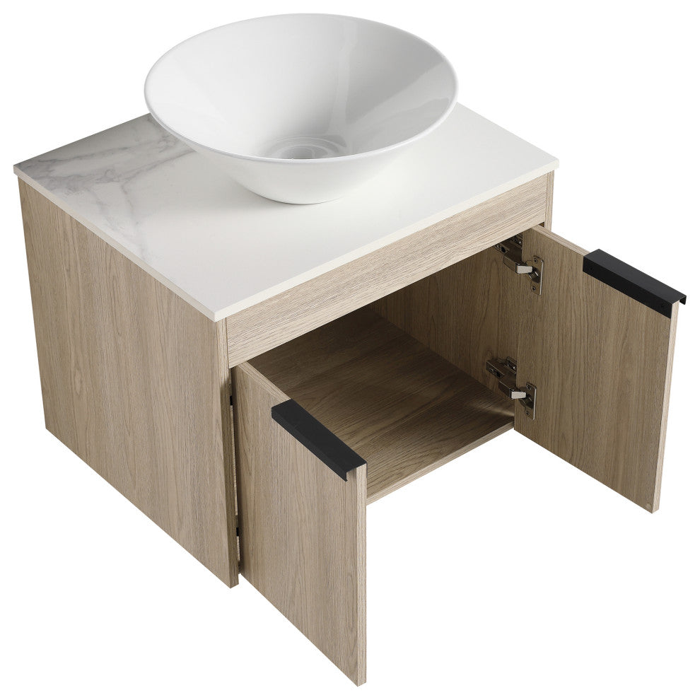 Wall-Mounted Bath Vanity, White Oak, White Ceramic Vessel Sink