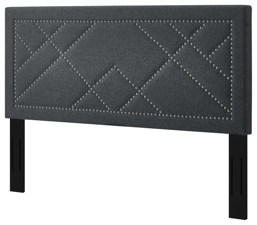 Modern Designer Full and Queen Size Headboard, Rivet Nail, Fabric, Grey Gray